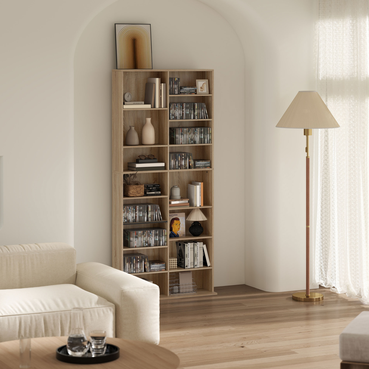 HOMCOM 640 CD Storage Unit 360 DVD Storage Tower w/ 18 Compartments Natural