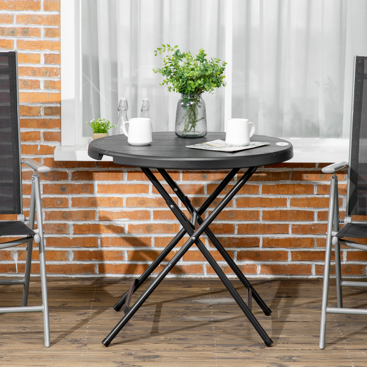 Foldable Garden Table for 4, Round Outdoor Dining Table with Steel Frame