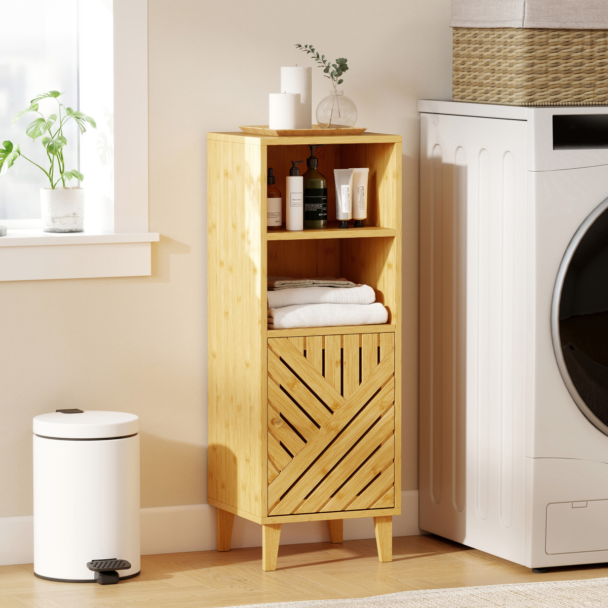 HOMCOM Narrow Bathroom Storage Cabinet with Open Compartments, Natural