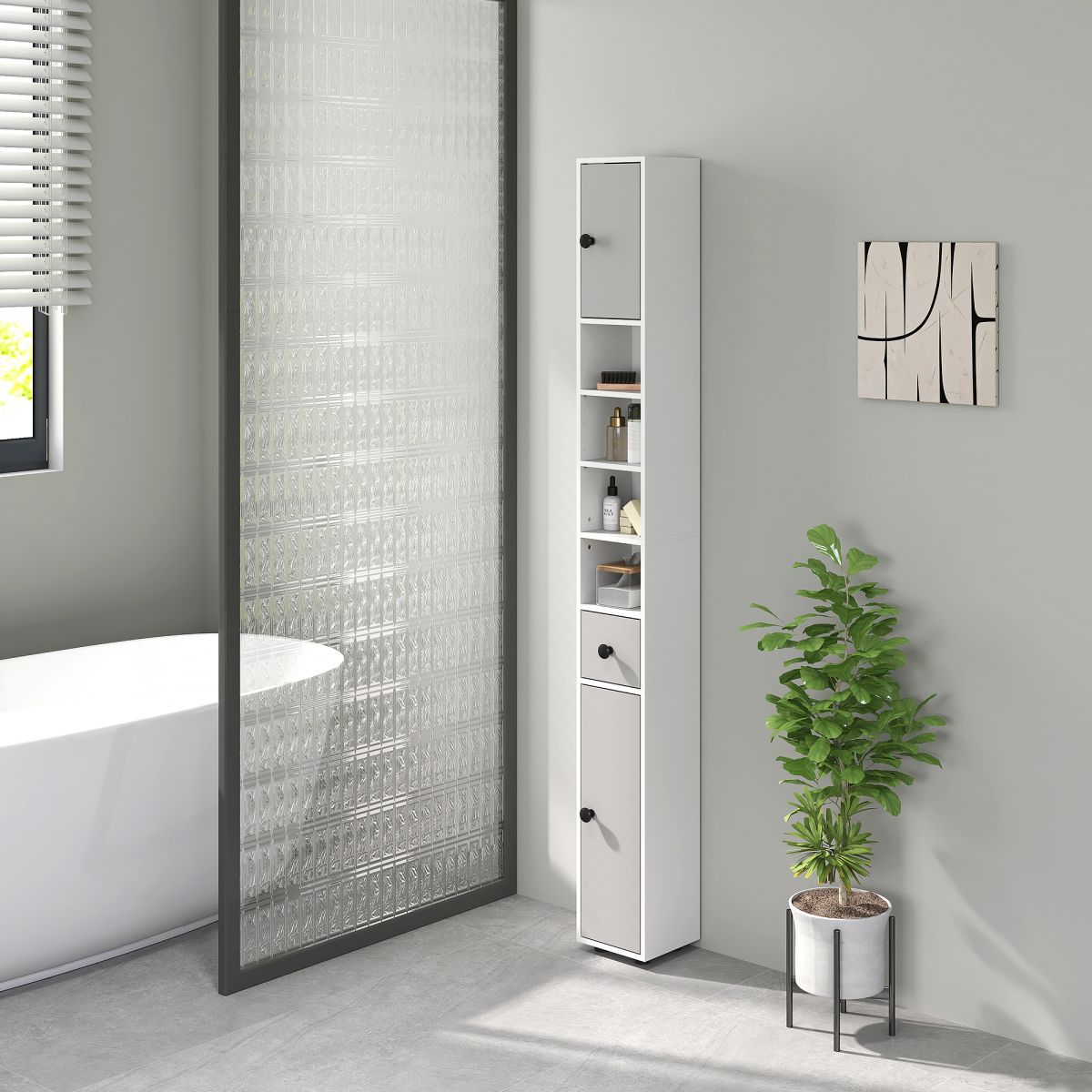 kleankin Slim Bathroom Cabinet, Toilet Roll Storage w/ Shelves, Light Grey