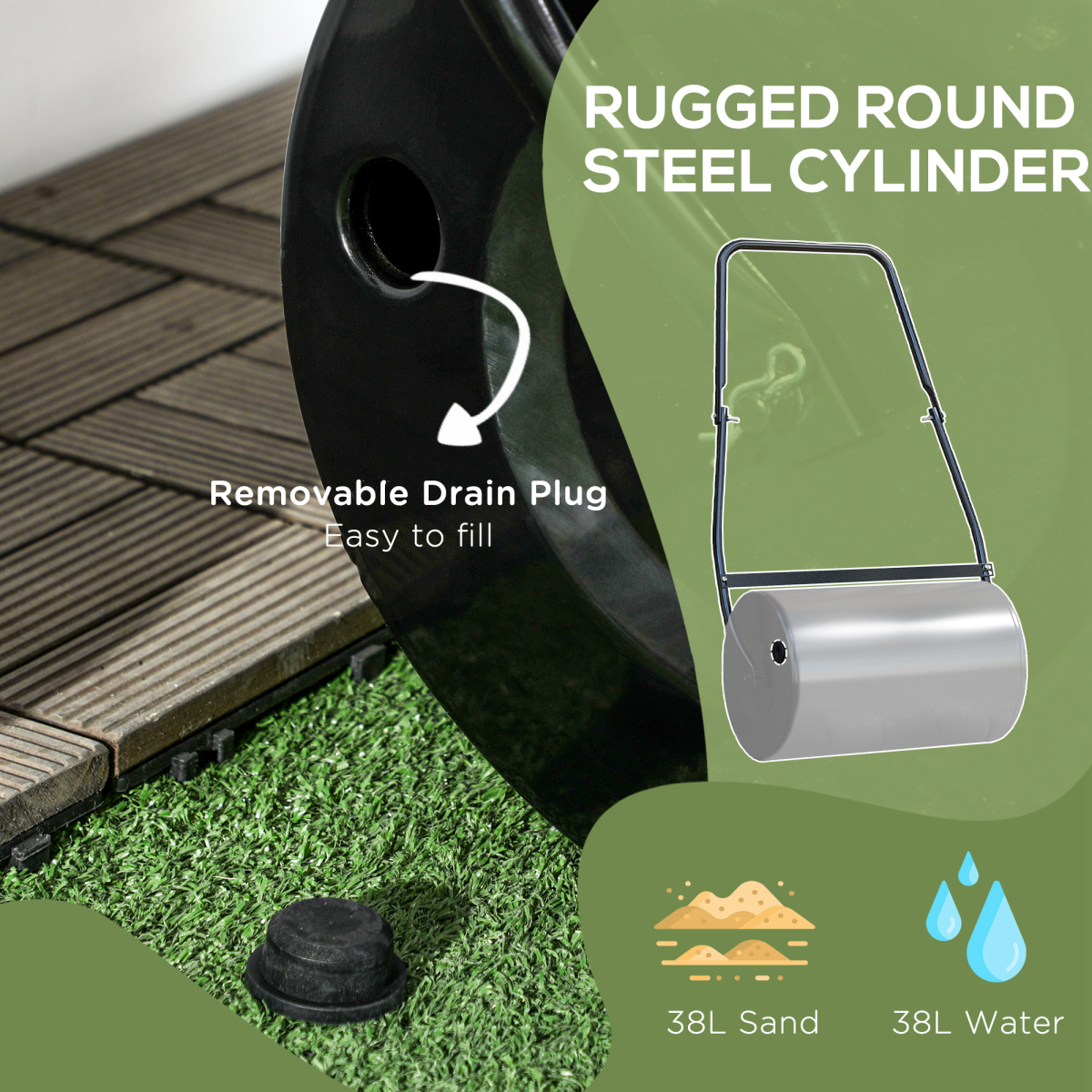 Garden Lawn Roller 38L Steel Push Grass Mower Water Sand Filled Durhand