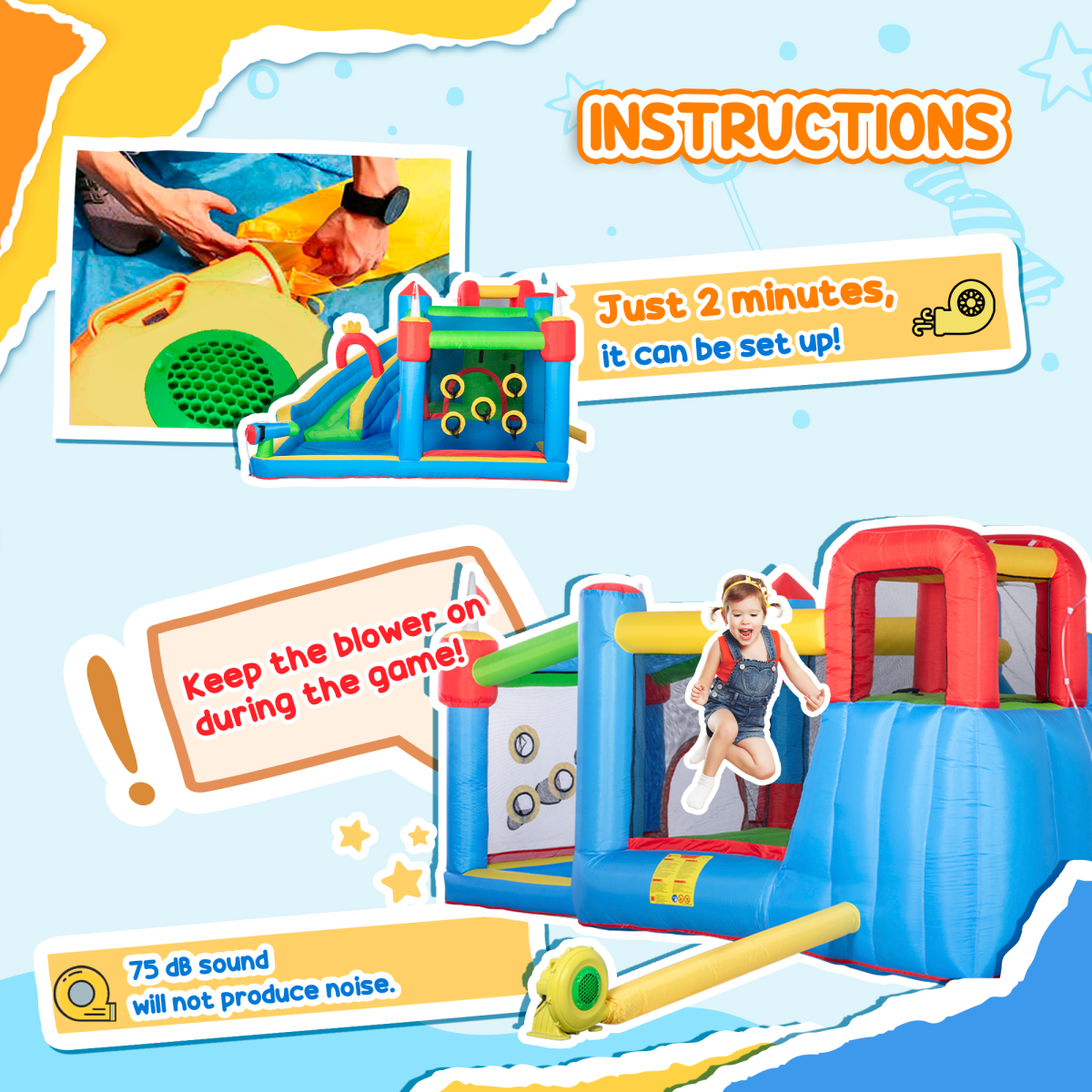 Kids Inflatable Bouncy Castle 6 in 1 Water Slide Water Gun Air Blower
