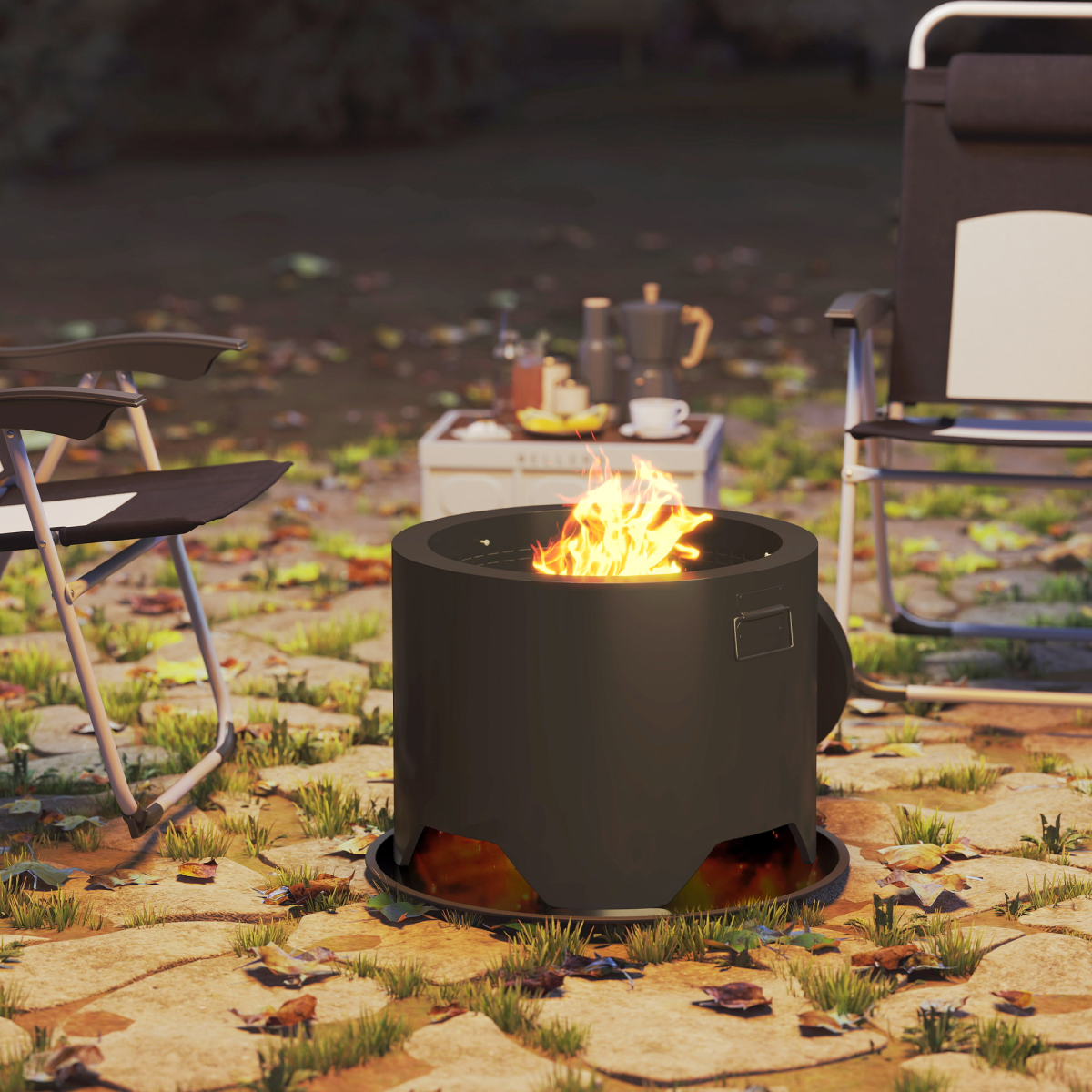 Outsunny Outdoor Round Fire Pit with Lid, Firepit with Fire Poker, Black