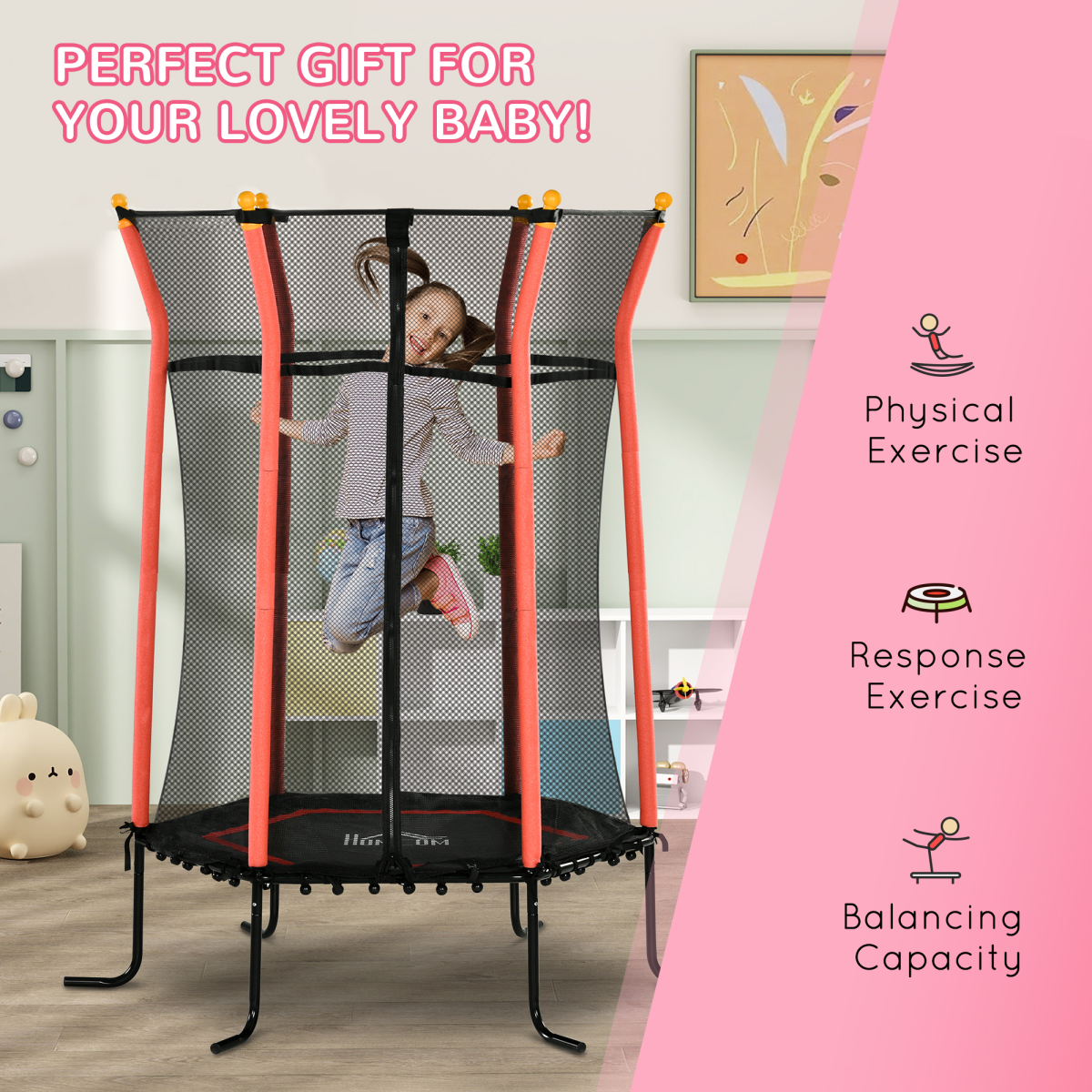 HOMCOM 5.4FT Kids Trampoline With Enclosure Indoor Outdoor for 3-10 Years Red