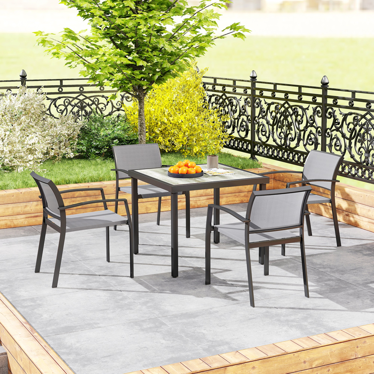Outsunny 5 Piece Garden Furniture Set with 4 Stackable Armchairs, Grey
