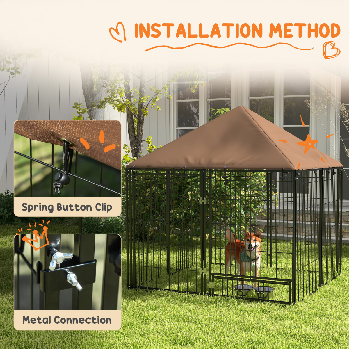 Outdoor Dog House Kennel with Canopy Top & Secure Lock Rotating Bowl Holder