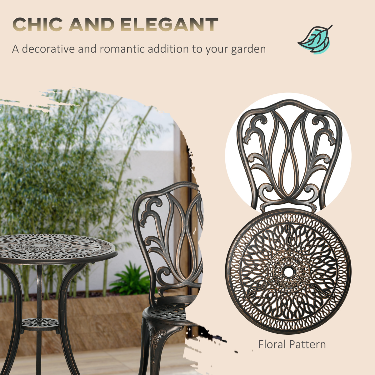Outsunny 3 Piece Patio Bistro Set Outdoor Table Set with Umbrella Hole Bronze