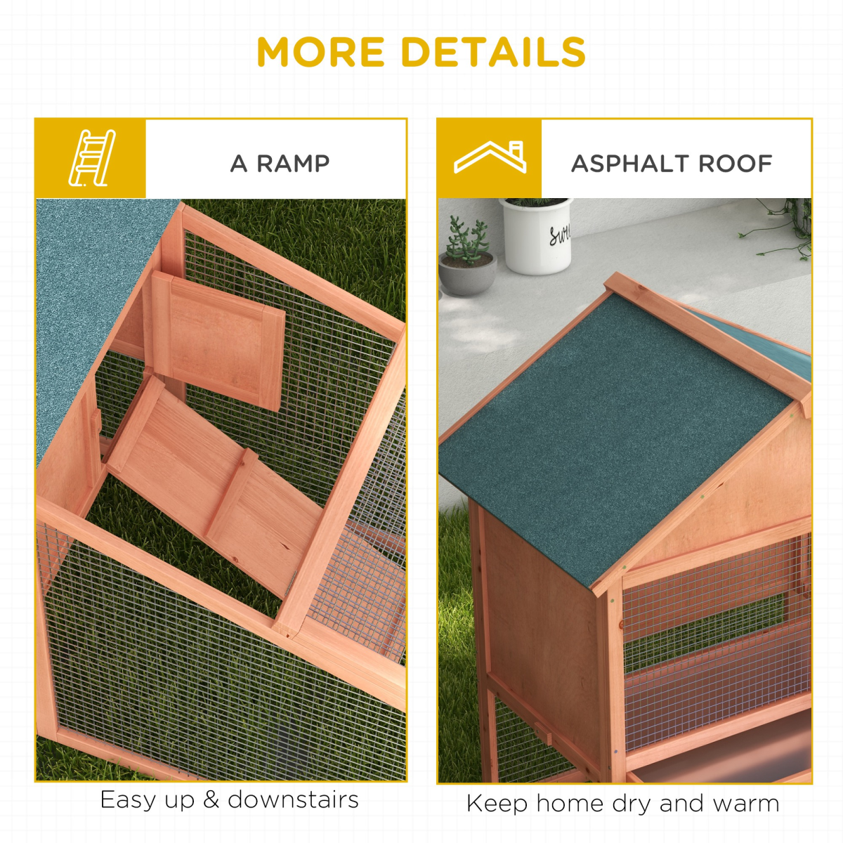 2 Tier Wood Rabbit Hutch Water Resistant Asphalt Roof Ramp 144 x 64.5 x 100 cm
