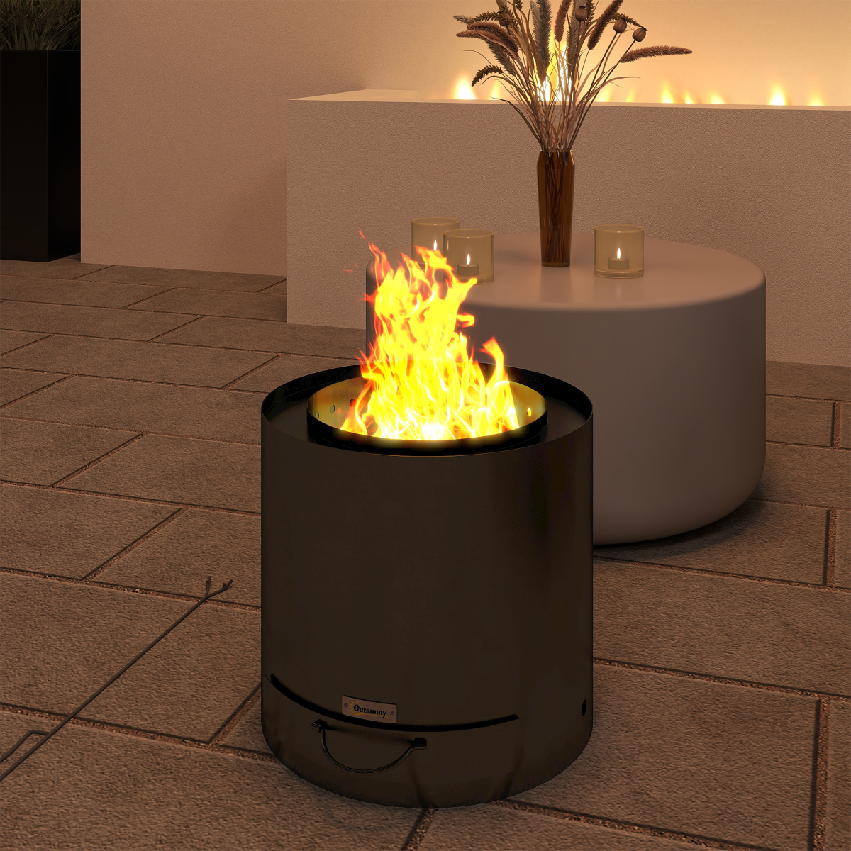 Outsunny Outdoor Round Fire Pit with Ash Tray and Fire Poker, Black