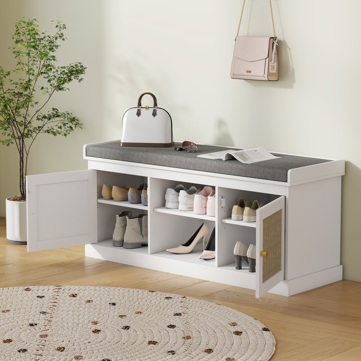 HOMCOM Shoe Bench, Boho Shoe Storage Bench with Padded Cushion, White