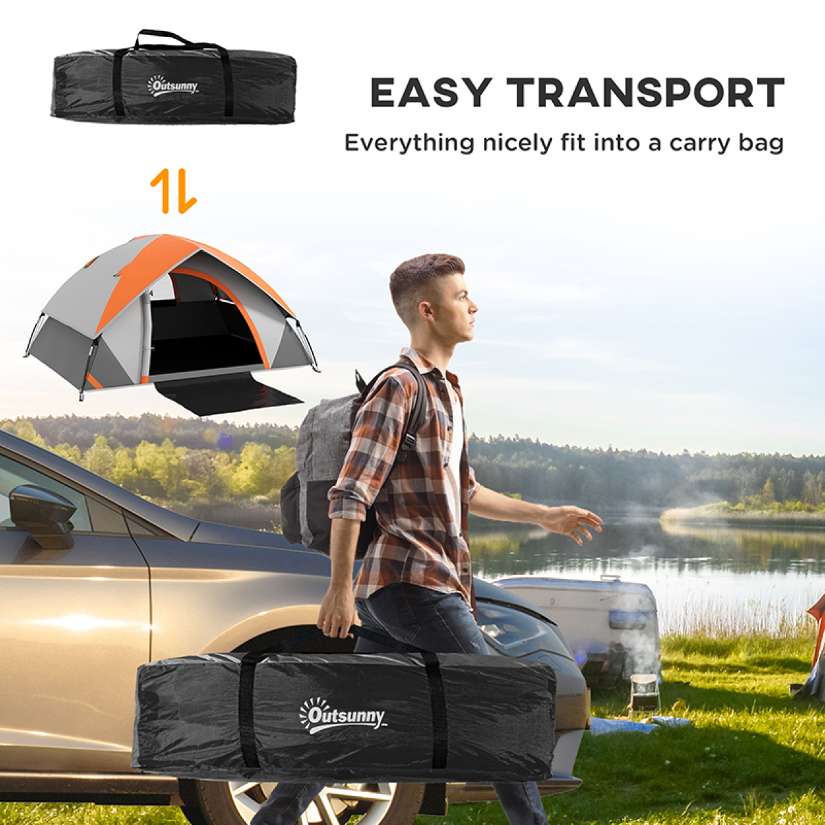 Outsunny Camping Tent, 2 Man Family Tent, Grey and Orange