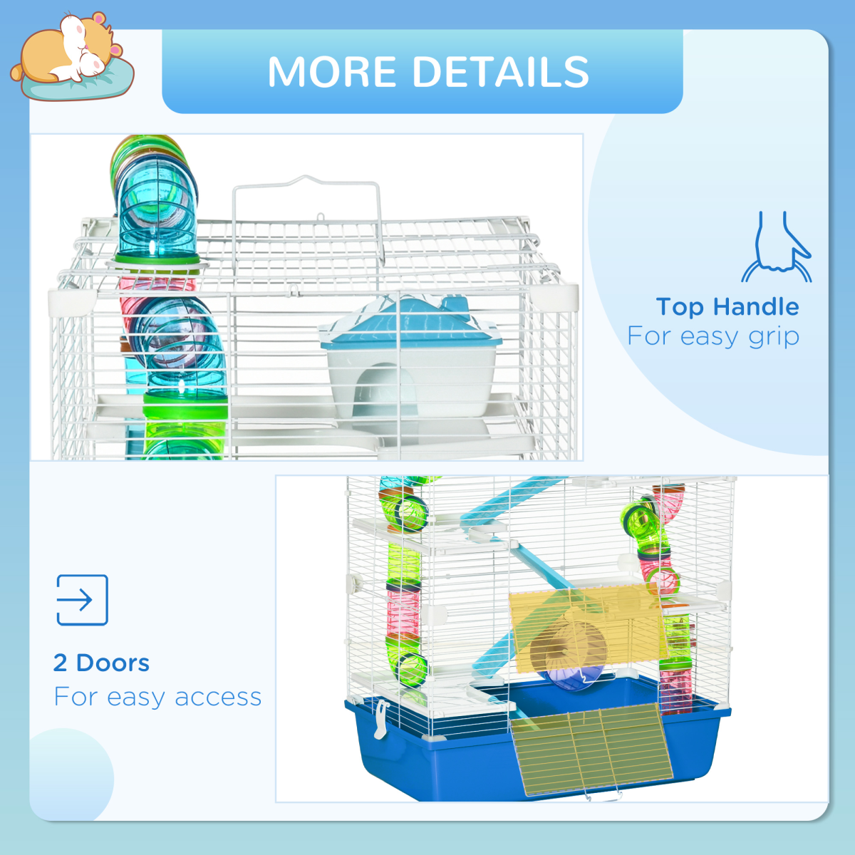 Five-Level Hamster Cage w/ Tubes, Water Bottle, Exercise Wheel, Ramps - Blue