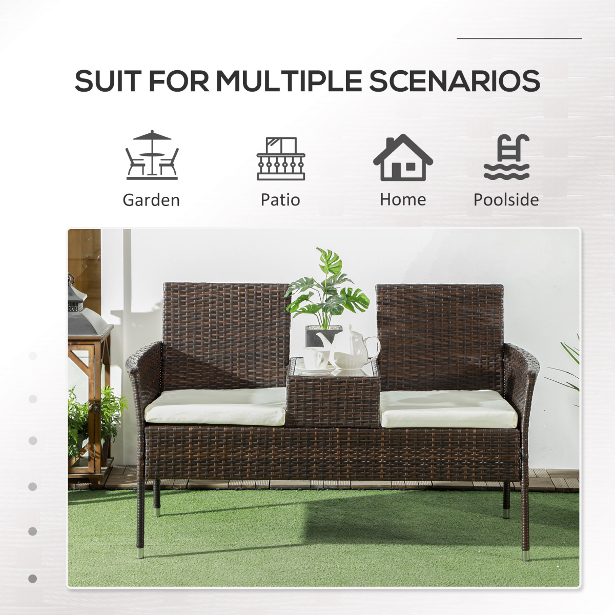 Outsunny 2 Seat Rattan Garden Bench with Padded Cushions, Brown/ Cream White
