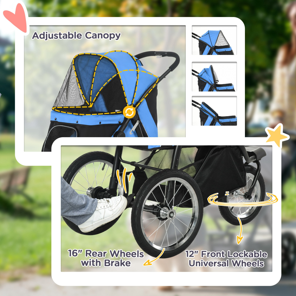 3 Wheel Pet Stroller, for Medium Small Dogs, Foldable Cat Pram - Blue