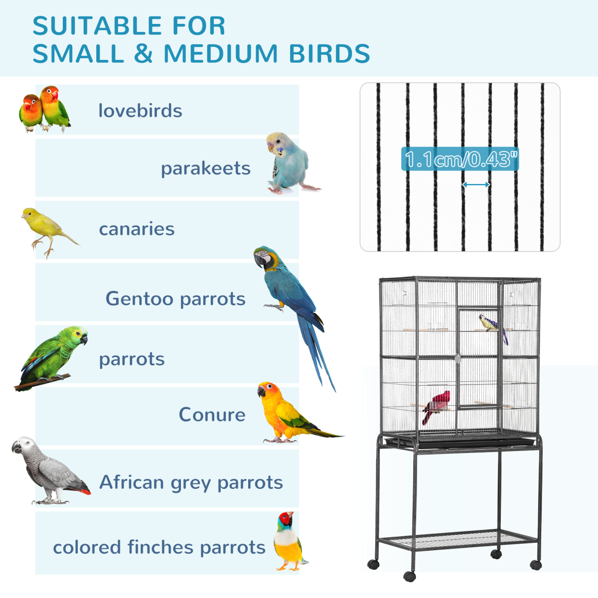 Rolling Bird Cage w/ Detachable Stand, Storage Shelf, Wood Perch, Food Container