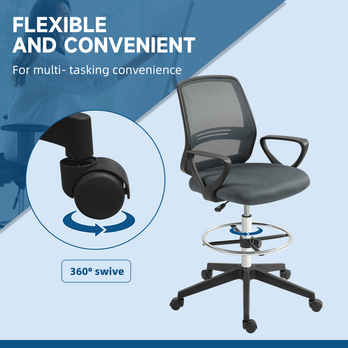 Vinsetto Draughtsman Chair Tall Office Chair with Adjustable Height Grey