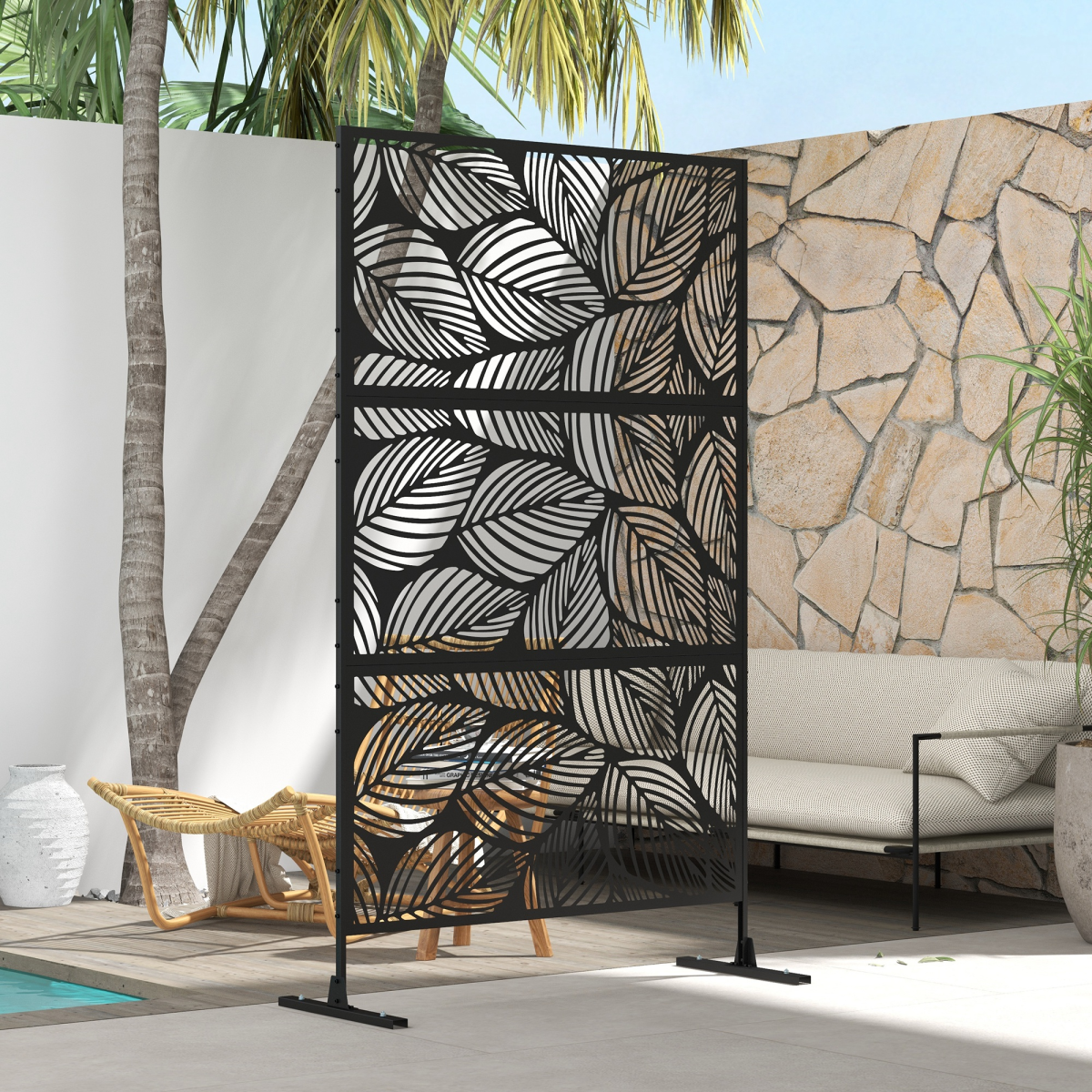 Outsunny 6.5FT Metal Outdoor Privacy Screen Panel with Stand, Leaf Style