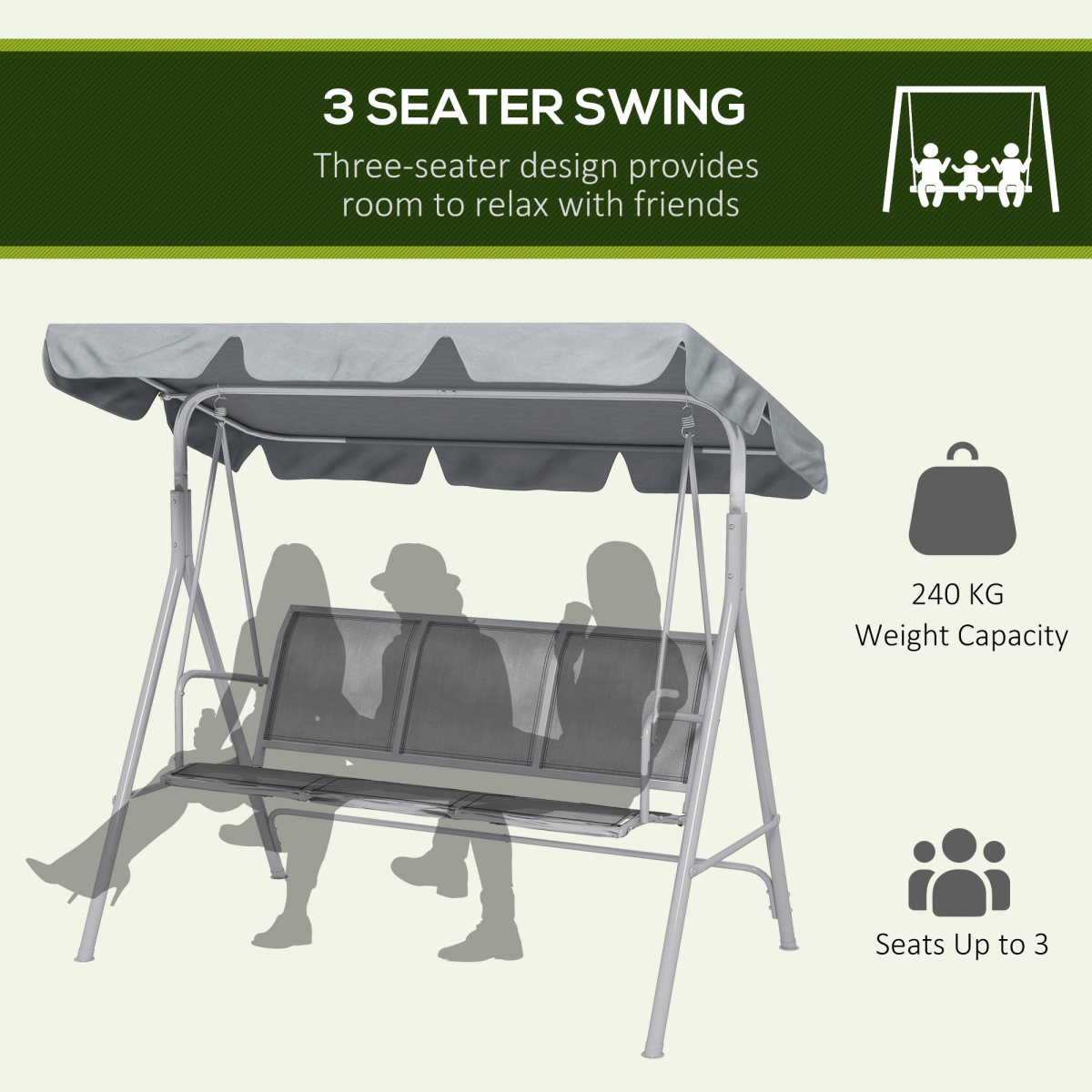 Outsunny Metal Swing Chair Garden Hammock 3 Seater Patio Bench with Canopy, Grey