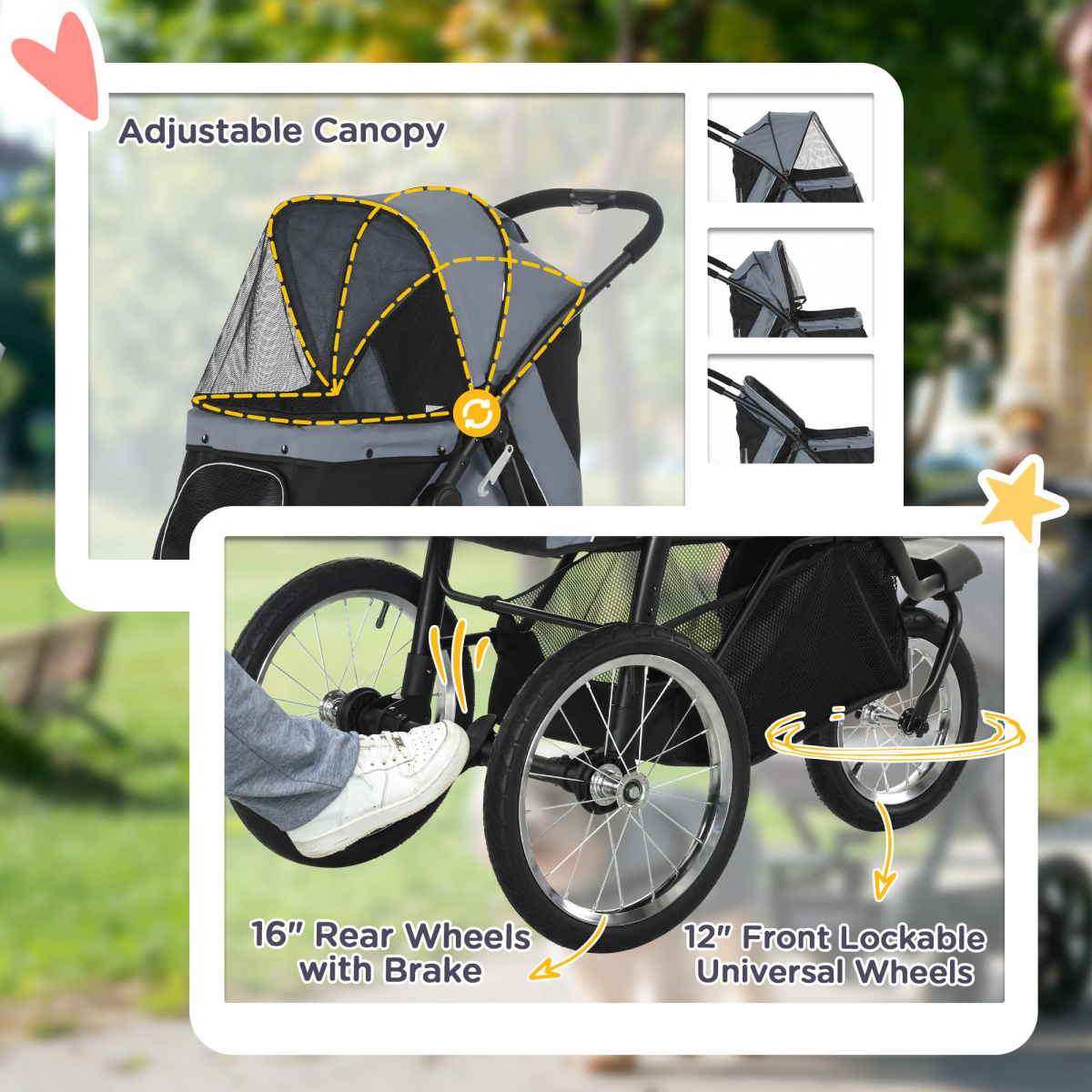 3 Wheel Pet Stroller, for Medium Small Dogs, Foldable Cat Pram - Grey