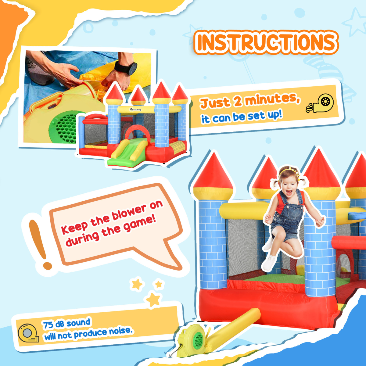 Bouncy Castle W/ Slide Pool 4 in 1 composition W/ Blower Multi-color