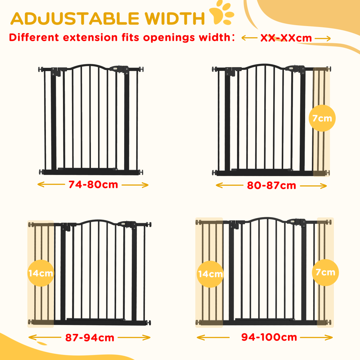 PawHut 74-100cm Adjustable Metal Pet Gate Safety Barrier w/ Auto-Close Black