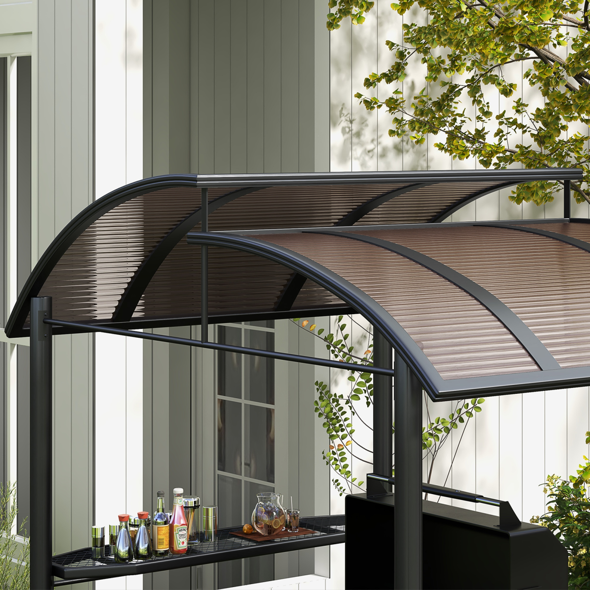 Outsunny BBQ Patio Canopy Gazebo with Interlaced Polycarbonate Roof 2 Shelves
