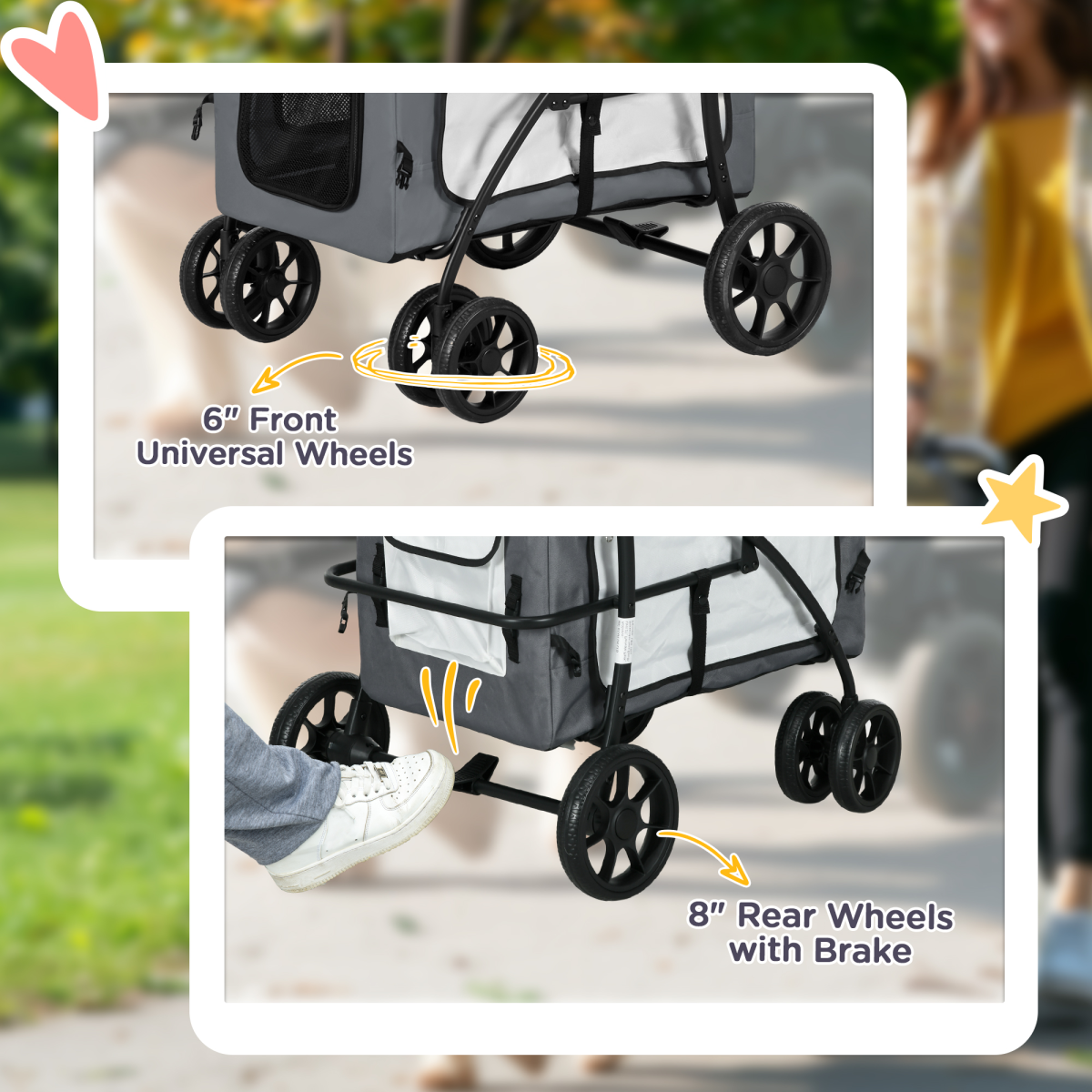 PawHut Foldable Pet Stroller w/ Detachable Carrier, Soft Padding - Grey