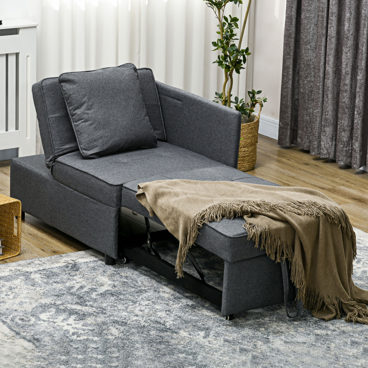 HOMCOM Folding Sleeper Sofa Bed Chair with Pillows, Pocket, Grey