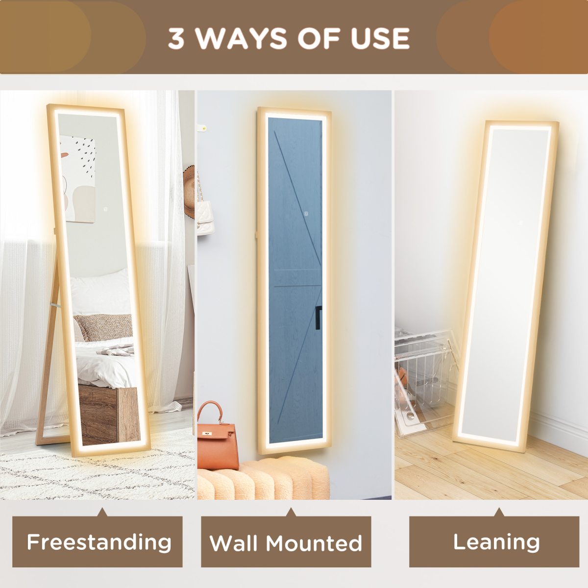 HOMCOM Dimming Full Length Mirror w/ Lights Standing Leaning Wall Mount Oak
