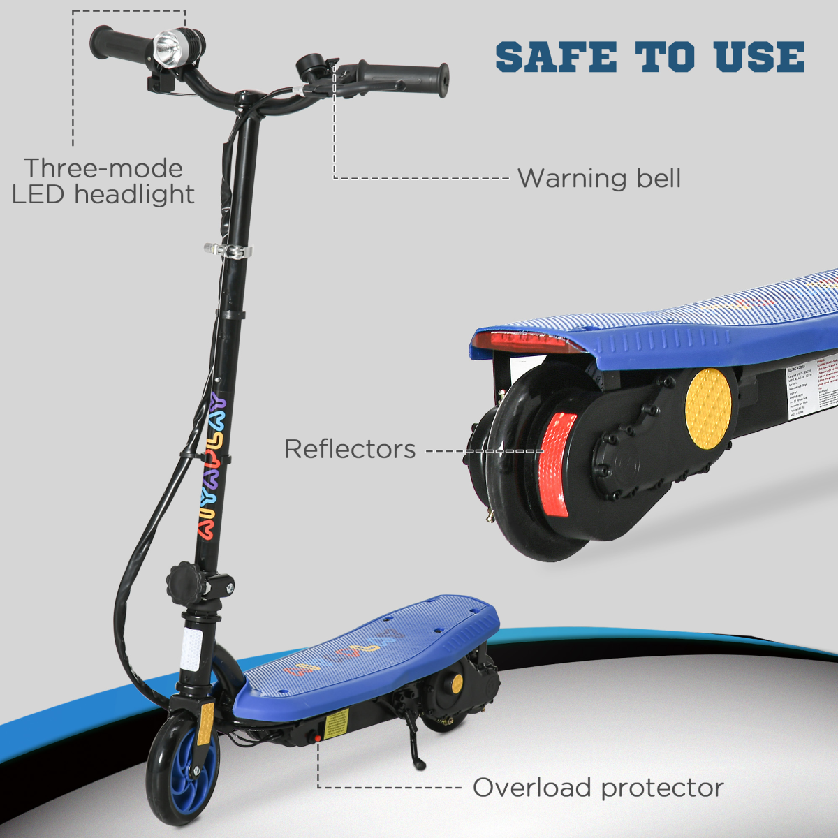 Folding Electric Scooter E-Scooter w/ LED Headlight, for Ages 7-14 Years - Blue