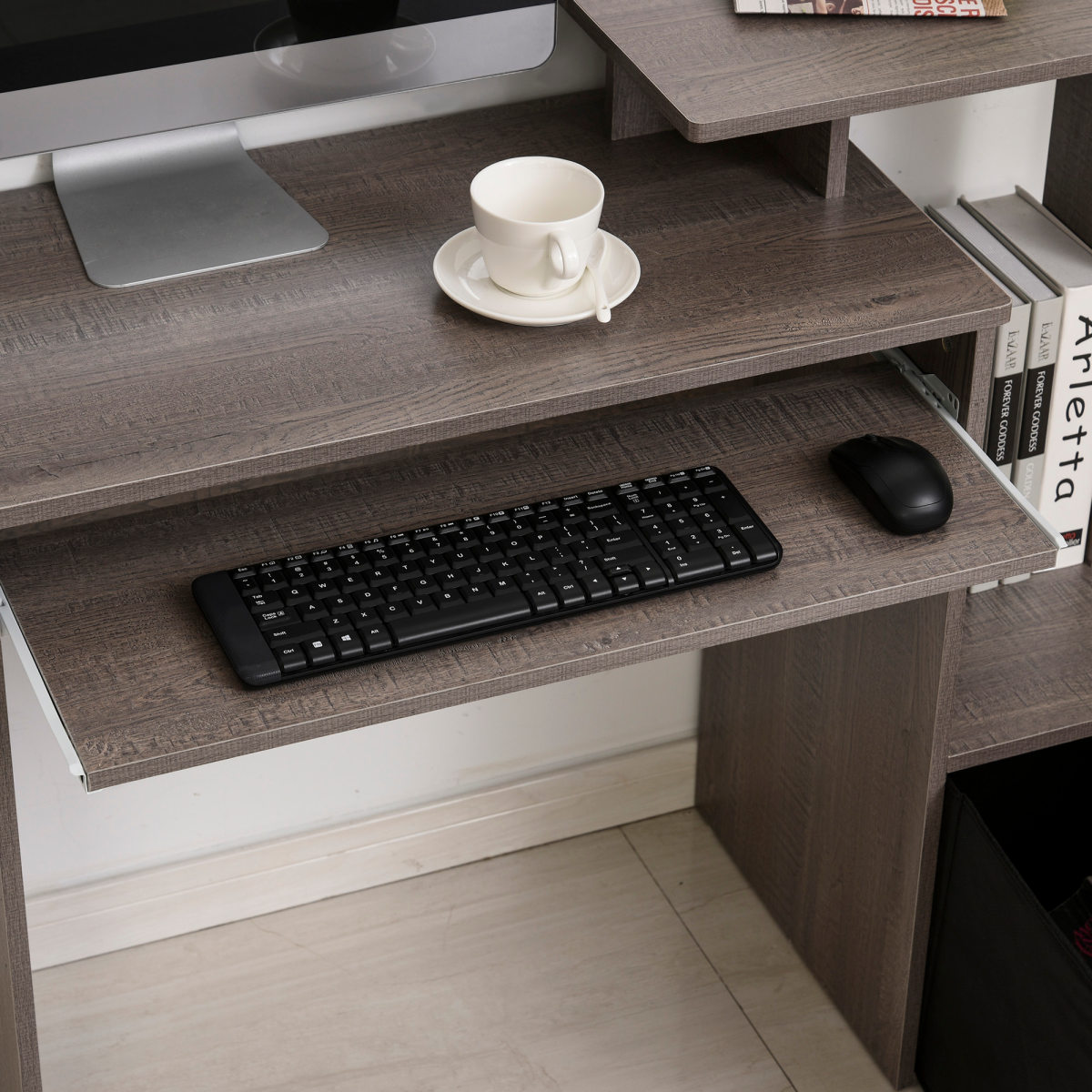 Computer Desk with Sliding Keyboard Tray Storage Drawer Shelf  Grey