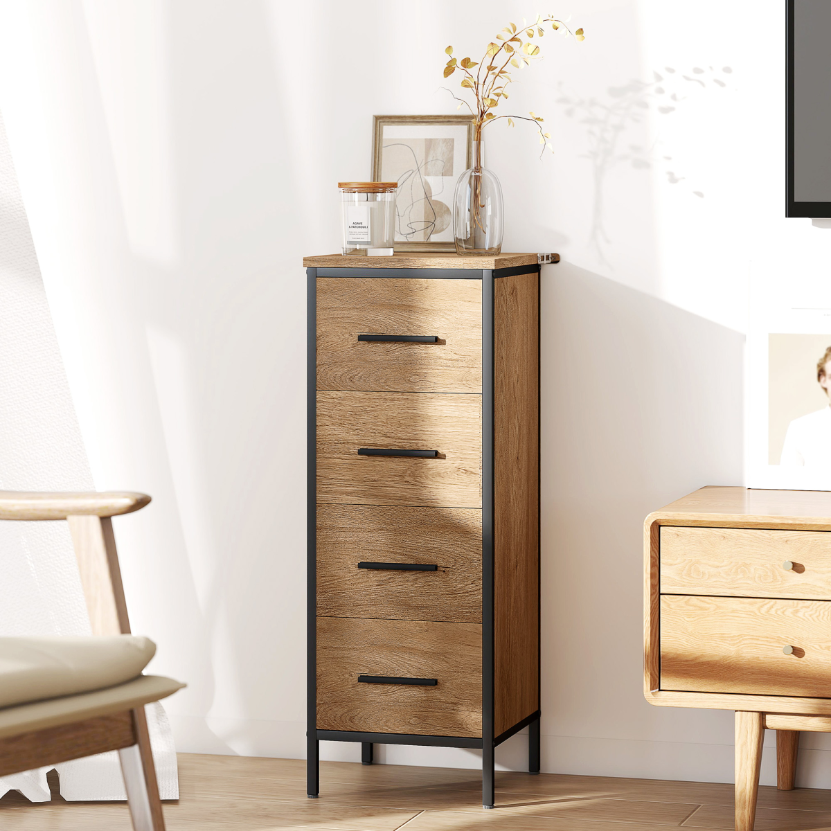 HOMCOM Narrow Bathroom Storage Cabinet with 4 Drawers for Small Spaces, Oak