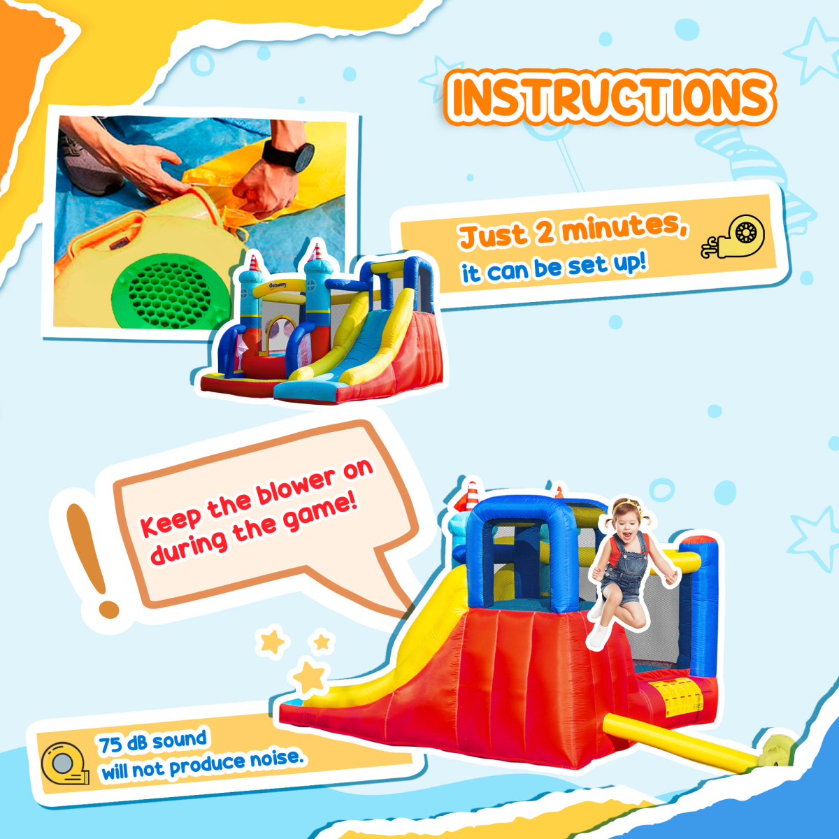 Kids Bouncy Castle with Slide Pool Trampoline Climbing Wall w/ Blower
