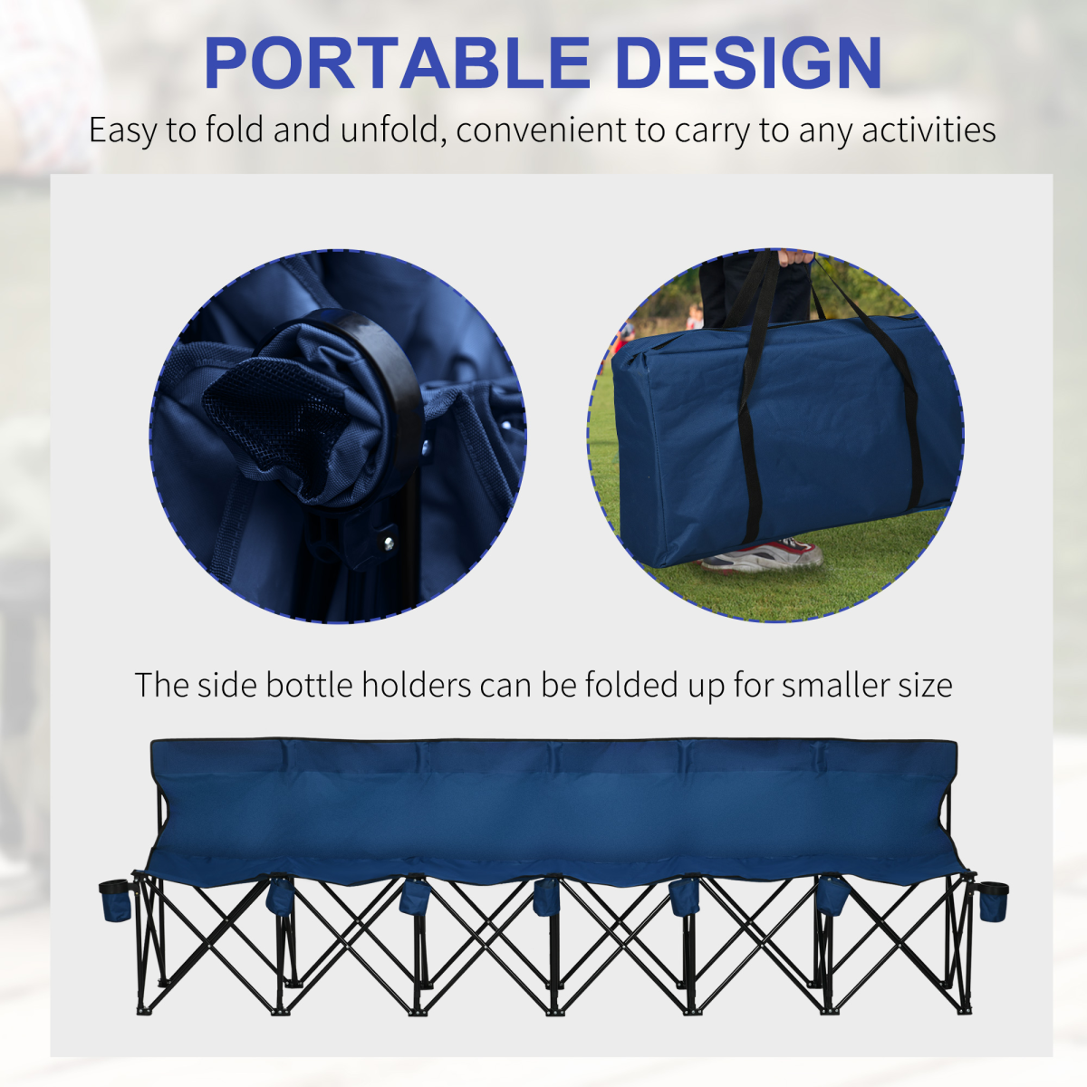 Outsunny 6 Seat Folding Bench Multi Deck Chair Cup Holder Camping Steel Blue