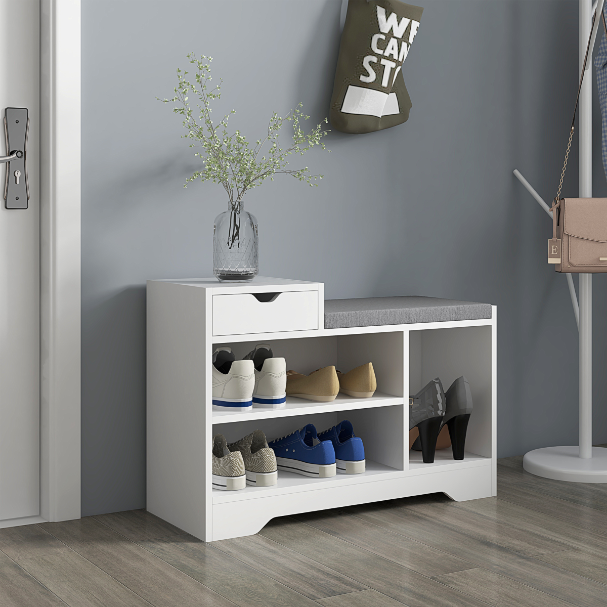 HOMCOM Upholstered Entryway Shoe Bench with Storage Drawer Open Shelf White