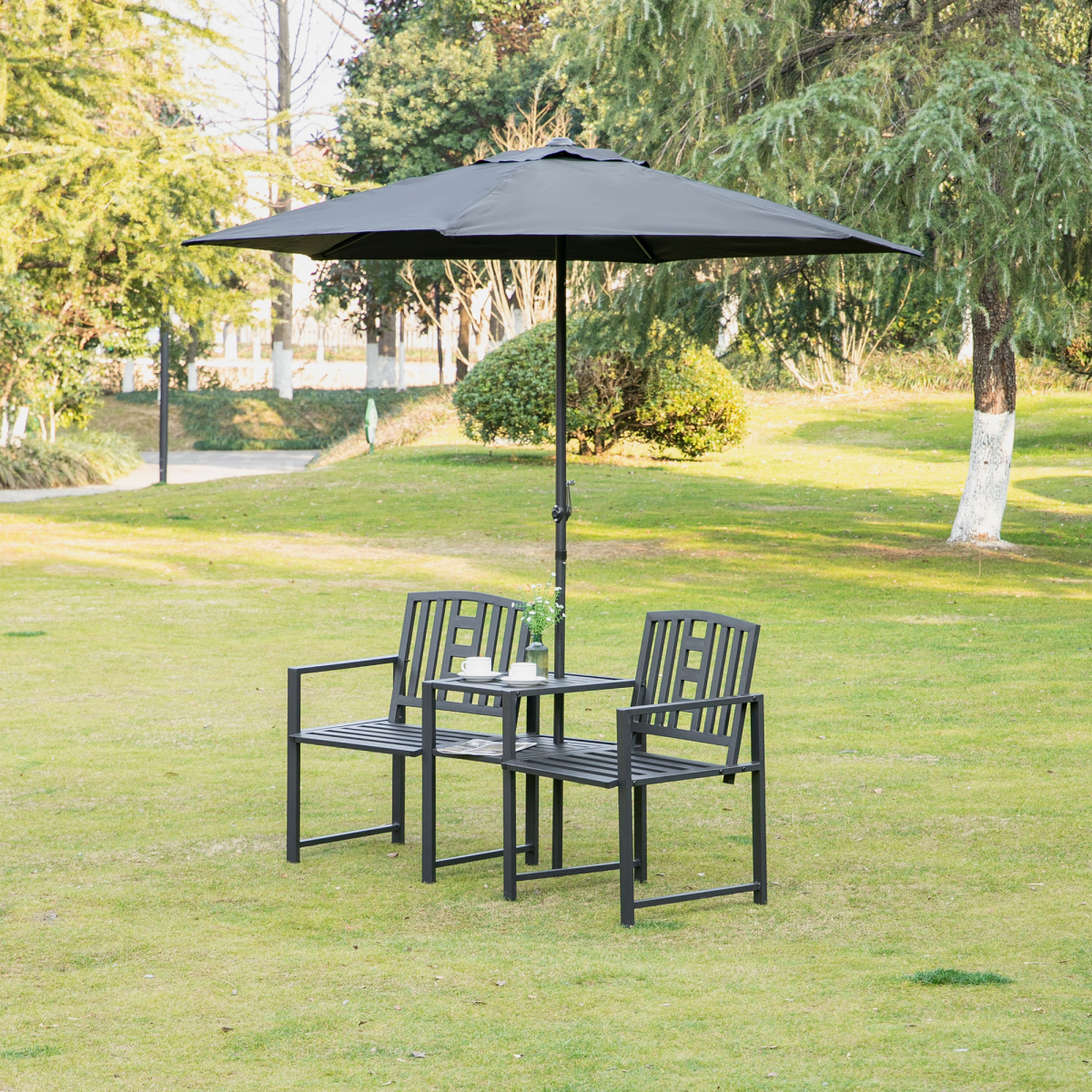 2 Seat Garden Chair Bench Loveseats w/Coffee Table Slatted Design Patio Yard