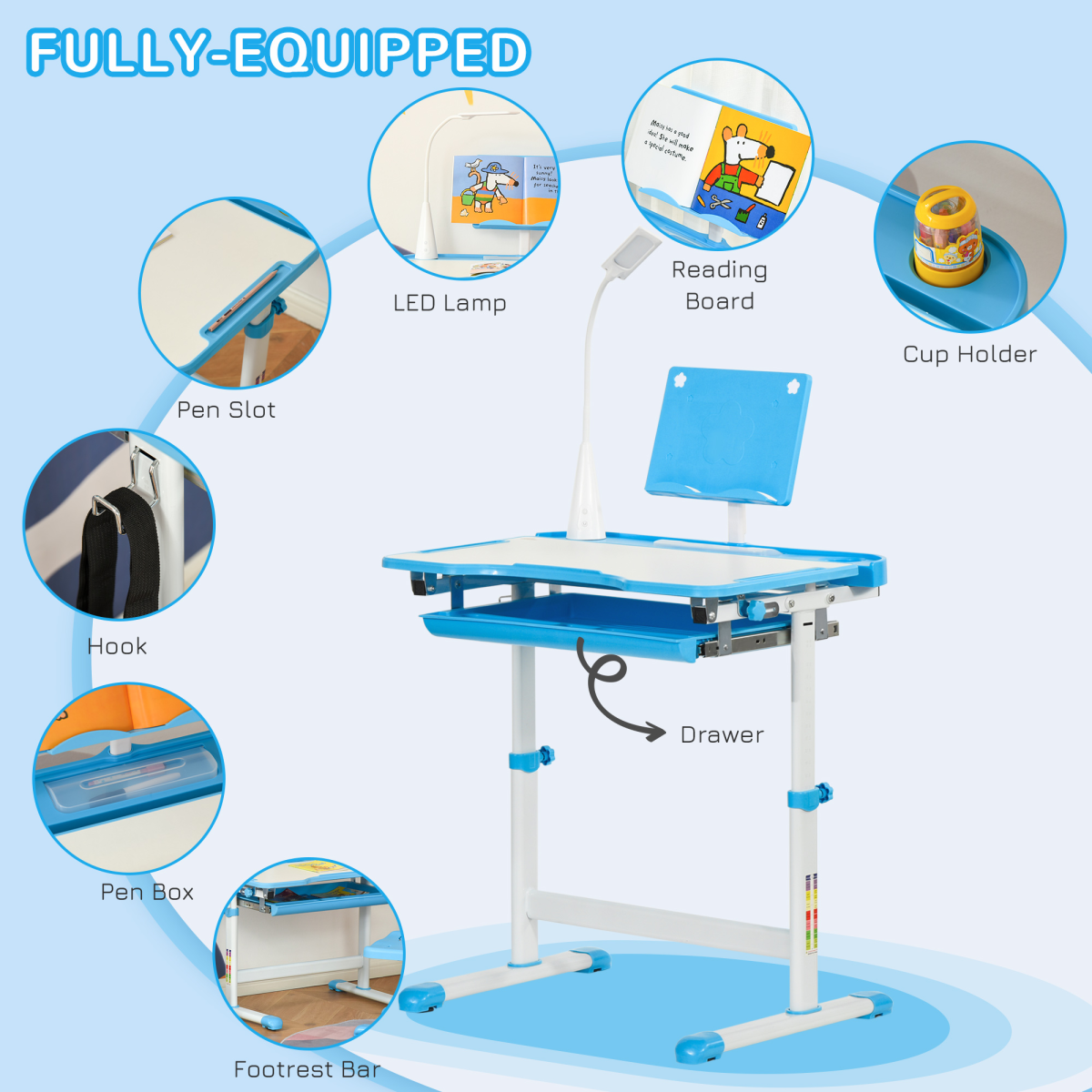 HOMCOM Kids Study Desk and Chair Set w/ USB Lamp, Adjustable Height, Blue