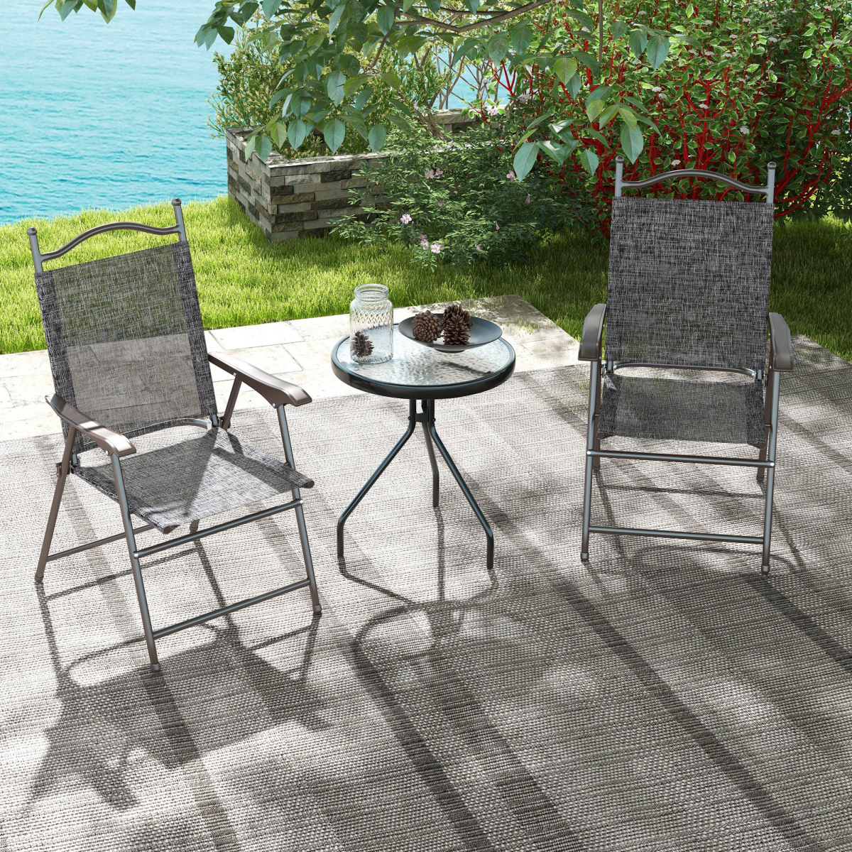 Outsunny Folding Chairs Set with Armrest, Breathable Mesh Fabric Seat, Grey