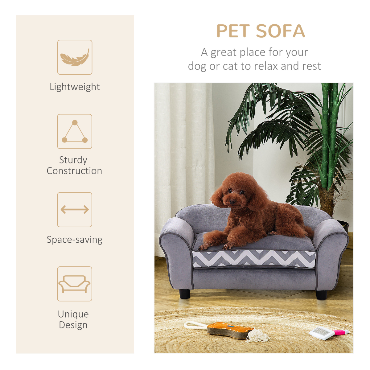 Dog Sofa Cat Couch Bed for XS Dogs w/ Removable Sponge Cushion - Grey
