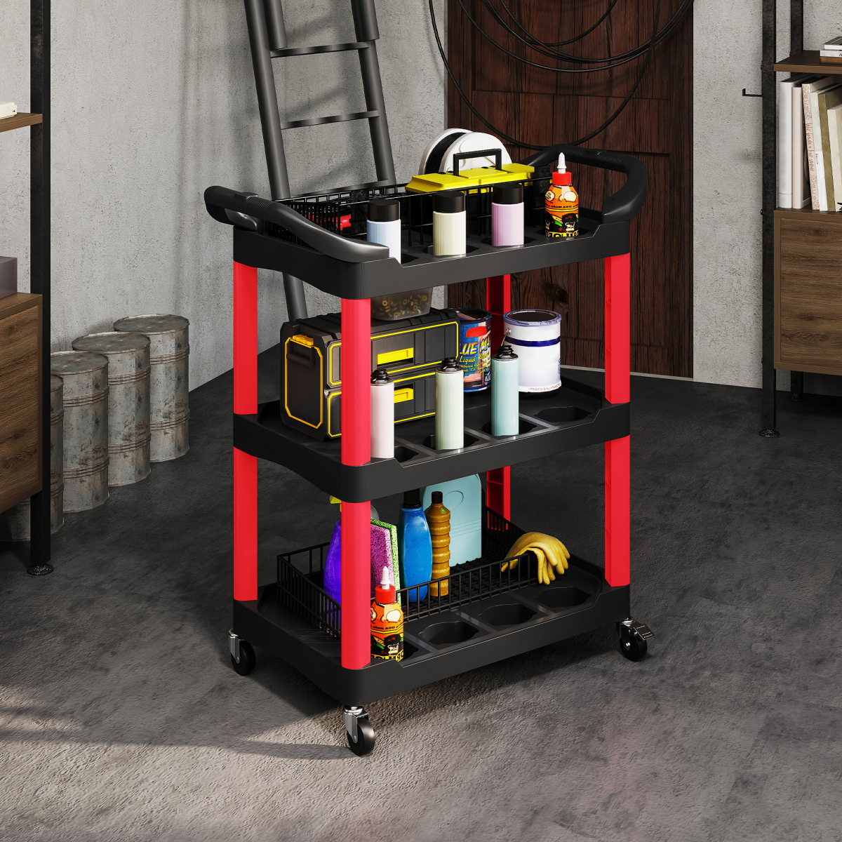 HOMCOM 3-Tier Rolling Tool Cart, Tool Trolley on Wheels for Garage, Black