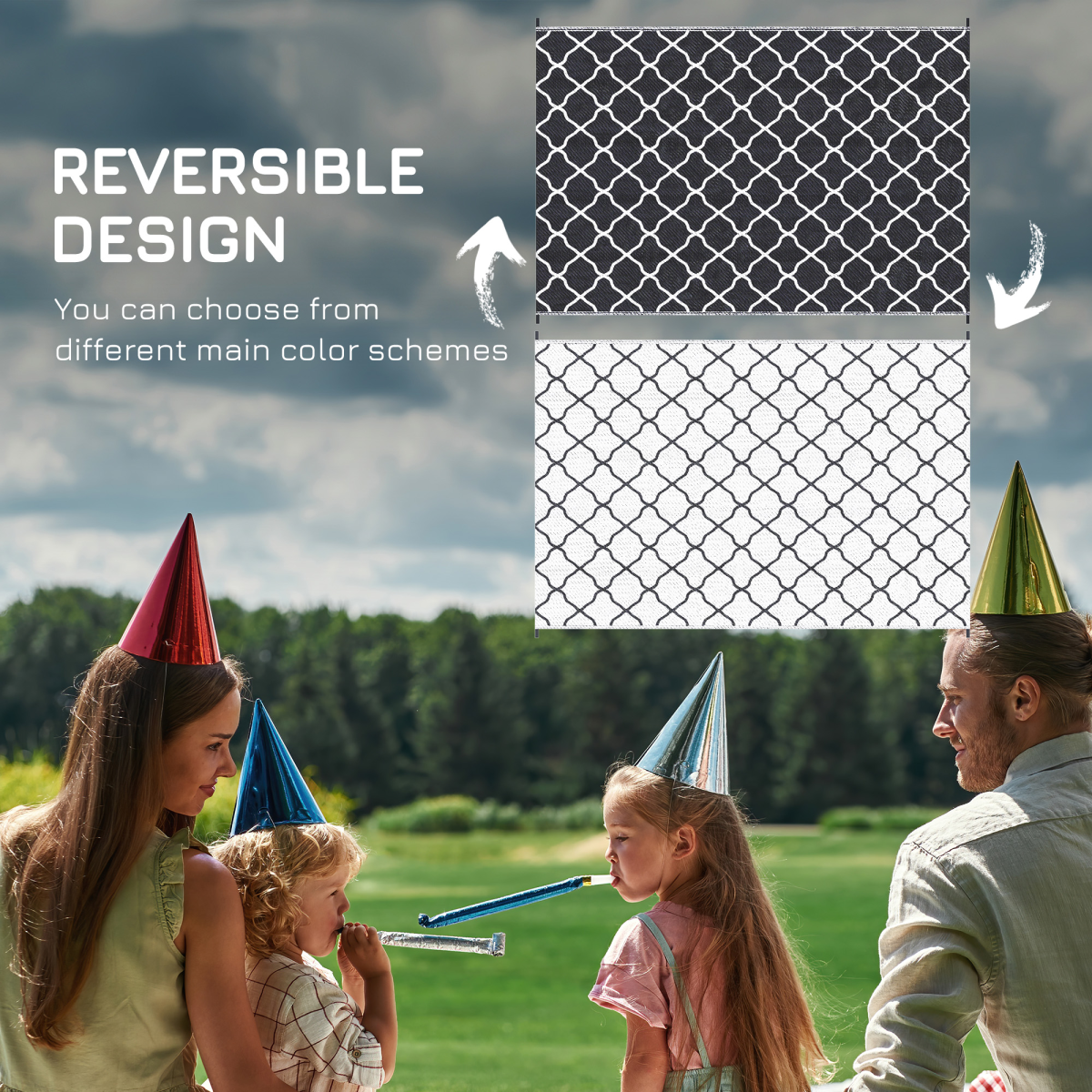 Outsunny Reversible Waterproof Outdoor Rug with Carry Bag, 182 x 274 cm, Black