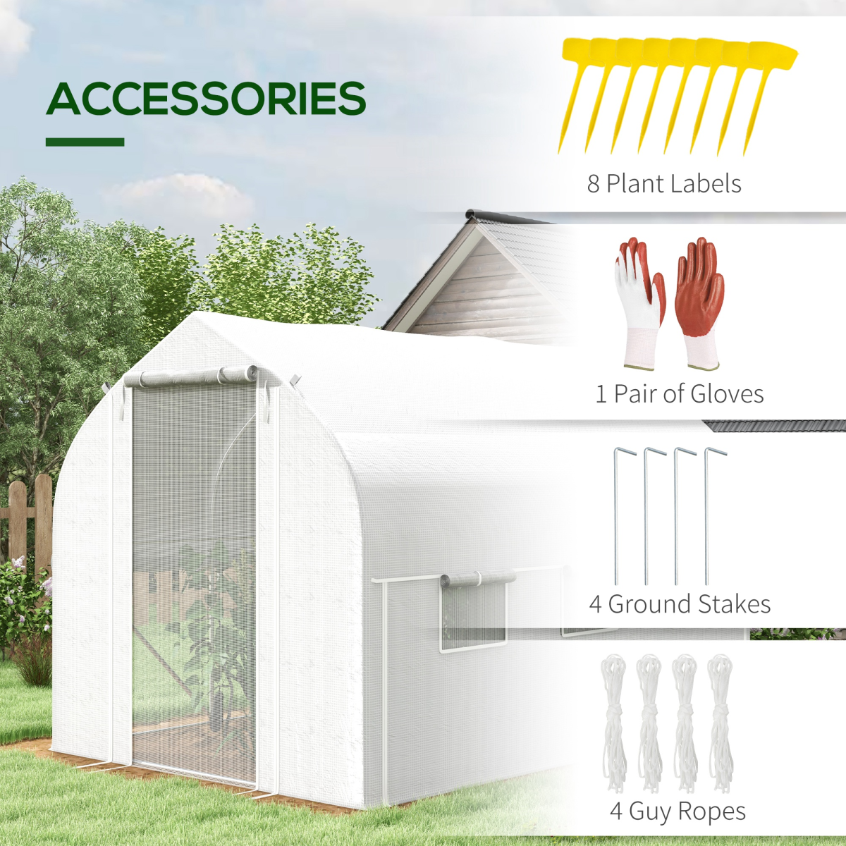 3 x 2m Polytunnel Greenhouse with Roll Up Sidewalls, Mesh Door, Plant Labels