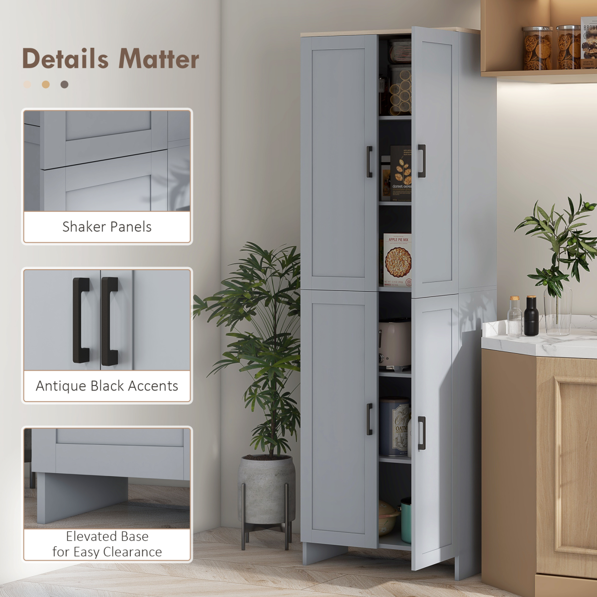 HOMCOM Modern Kitchen Cupboard Storage Cabinet with 6 Shelves, Grey
