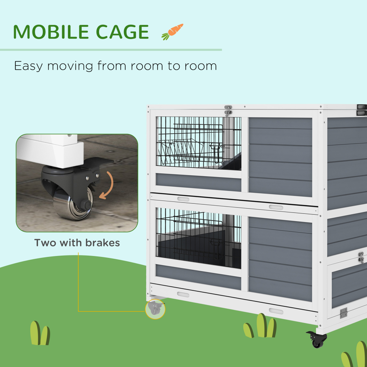 PawHut Double Deckers Indoor Rabbit Hutch w/ Feeding Trough, Slide-Out Trays