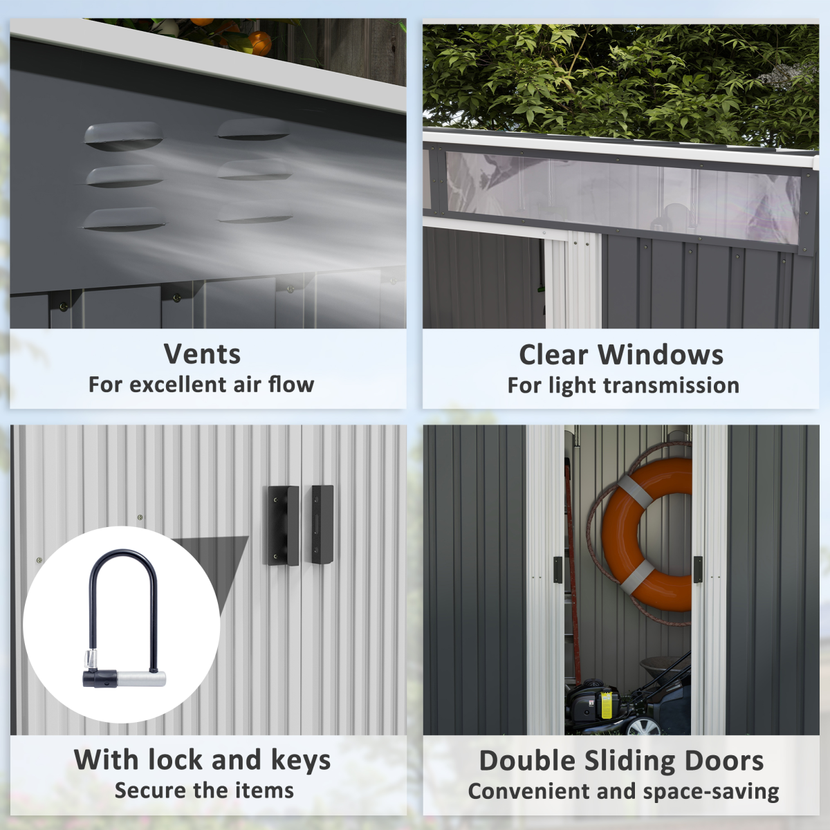 Outsunny 6.5x4FT Garden Shed with Foundation Lockable Metal Tool Shed Grey