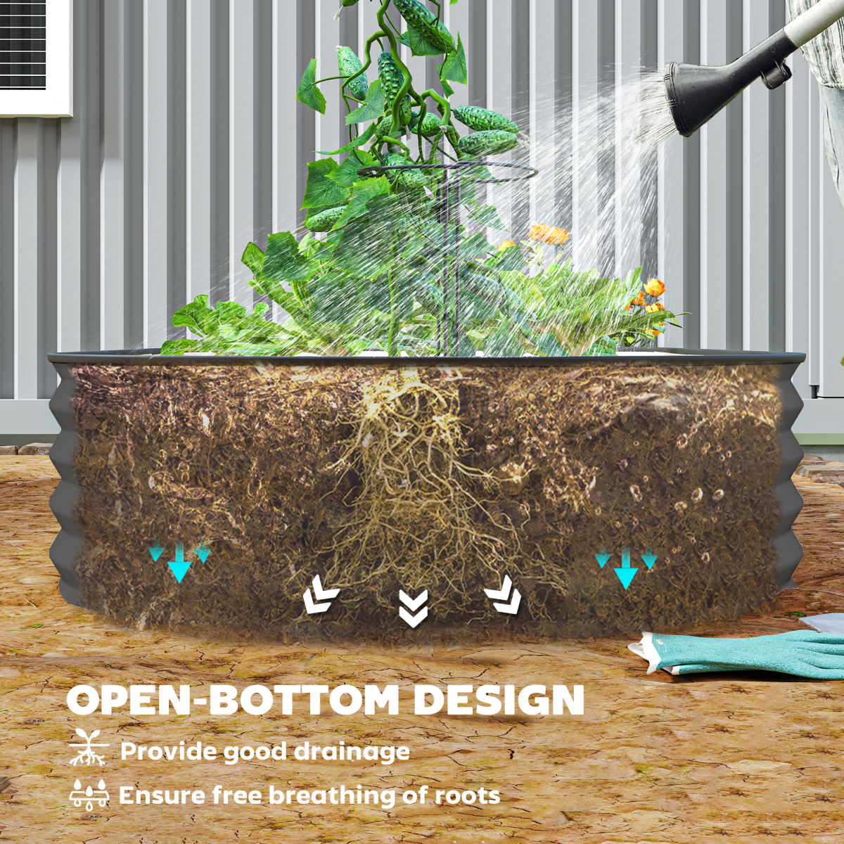 Outsunny Set of 2 Raised Beds for Garden with Metal Plant Stakes, Dark Grey