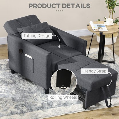 HOMCOM Pull Out Chair Bed, Sleeper Chair with Pillow, Side Pockets, Grey