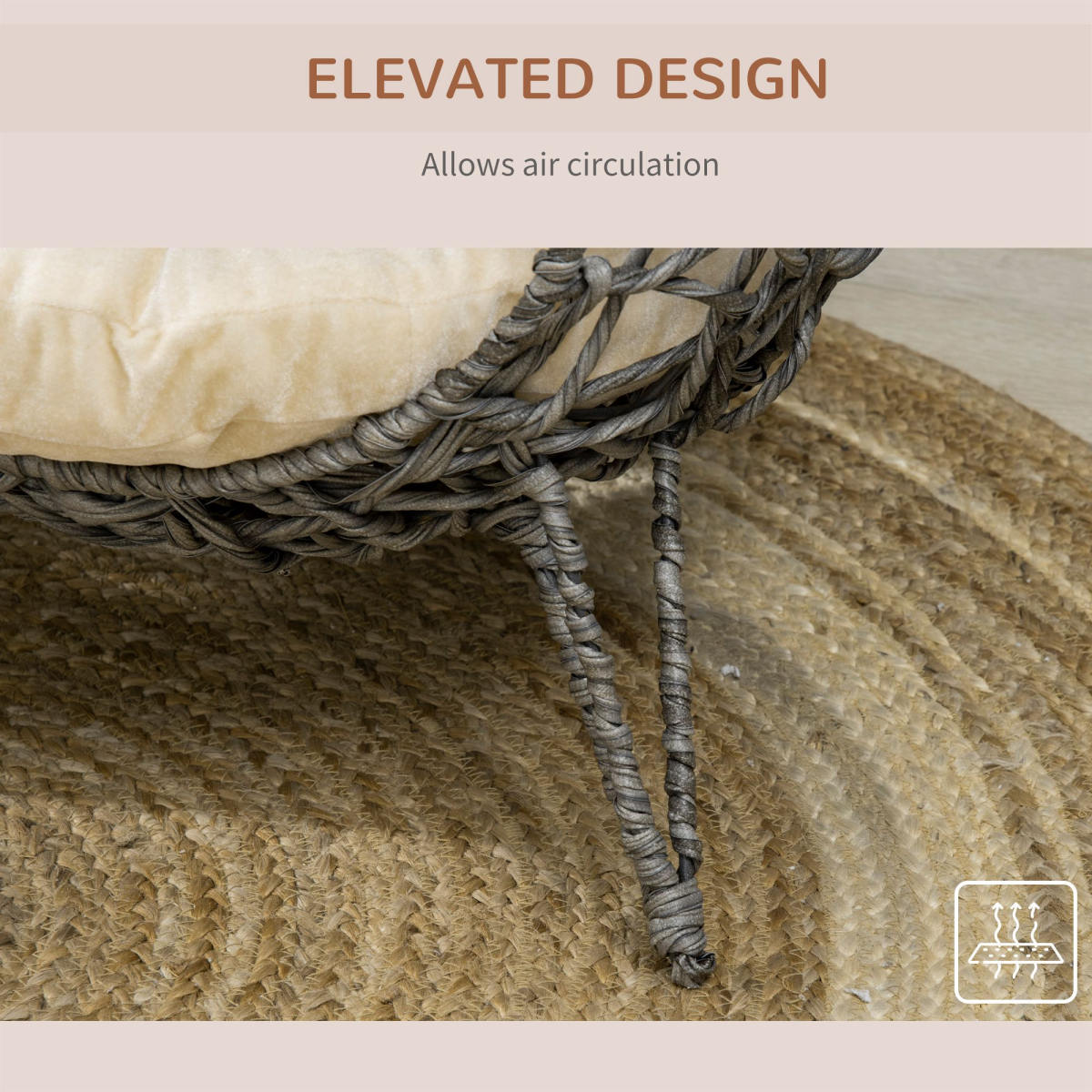 Rattan Elevated Cat House Kitten Basket Pet Bed w/ Cushion - Silver-Tone, Grey