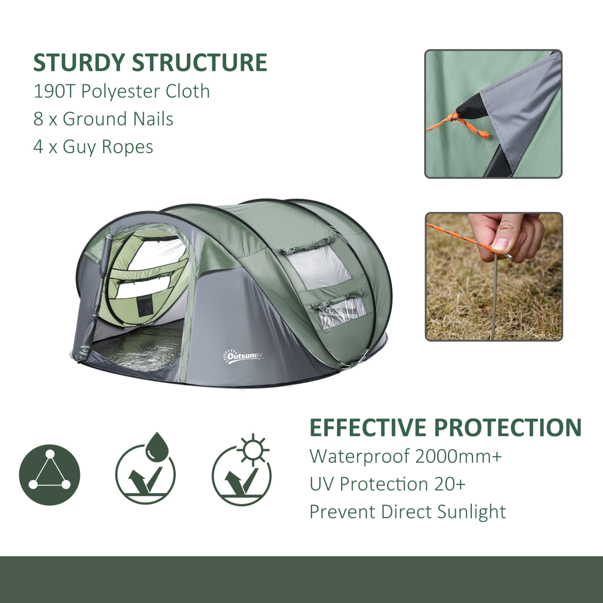 Camping Tent Dome Tent Pop-up Design with 4 Windows for 4-5 Person Outsunny