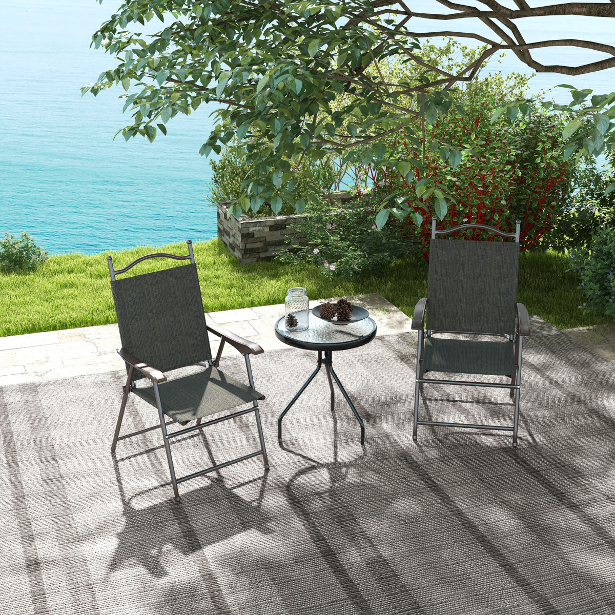 Outsunny Folding Chairs Set with Armrest Breathable Mesh Fabric Seat Dark Brown